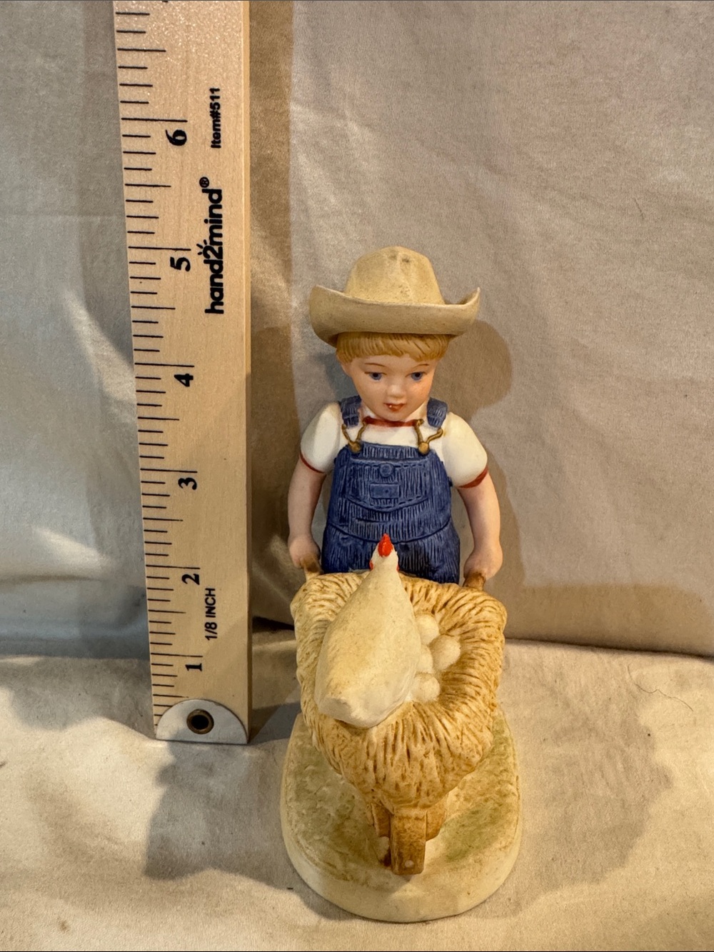 Homco Boy Figurine in Blue Overalls with Cream Hat and White Hen